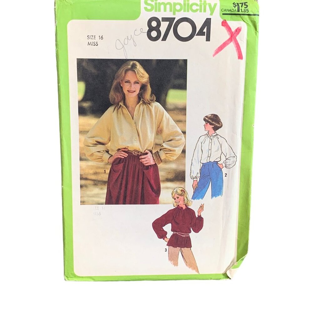 Vintage Simplicity 8704 Misses Shirt Pattern Size 16 Uncut 80s